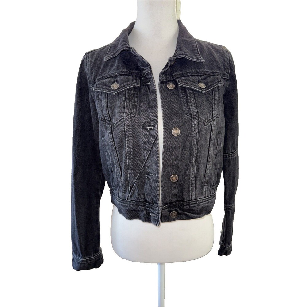 Free People Black Wash Cropped Denim Jacket Fitted Trucker XS Button Front - Picture 2 of 7